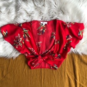 Red floral wrap crop